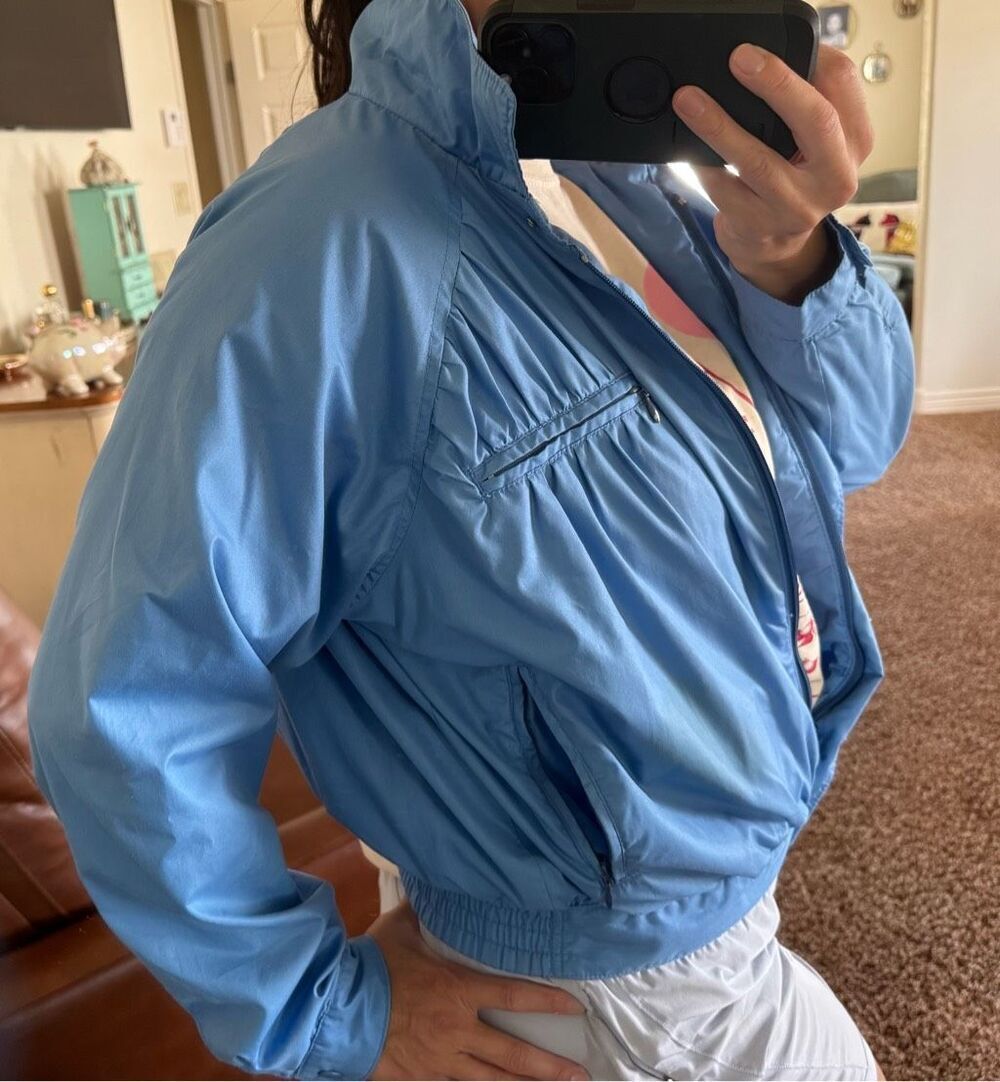 Adult unisex vintage small pastel blue jacket 70s sporty short cropped athletic